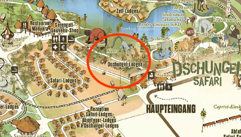 Wo ist die Serengeti? Hier im Dschungel Safari Park, nahe den Oschungel-Lodges, leben rote Varis und Kattas.