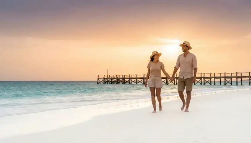 Ein Paar spaziert Hand in Hand am Strand entlang, während die Sonne untergeht. Trotz der idyllischen Szene sollte man die kapverden reisewarnung beachten.