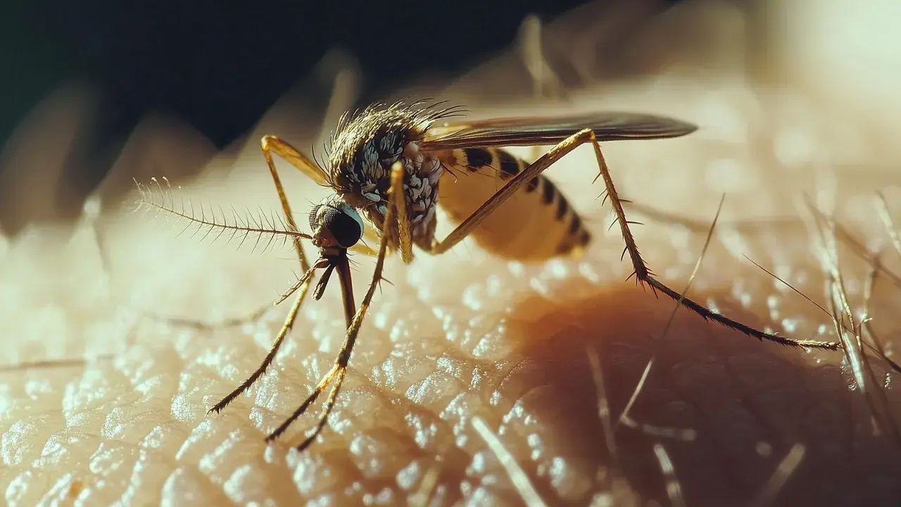Nahaufnahme einer Mücke auf menschlicher Haut, die an Malaria erinnert, wie sie in Khao Lak vorkommt.