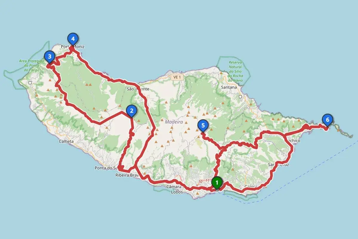 Karte von Madeira mit markierten Routen und Sehenswürdigkeiten. Entdecken Sie die Madeira Highlights von Porto Moniz bis Caniço.