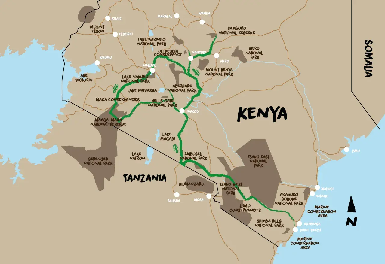 Karte von Kenia mit Nationalparks und Reiserouten. Wichtige Orte wie Nairobi und der Maasai Mara Nationalpark sind markiert. Denken Sie an Malaria-Prophylaxe für Kenia.