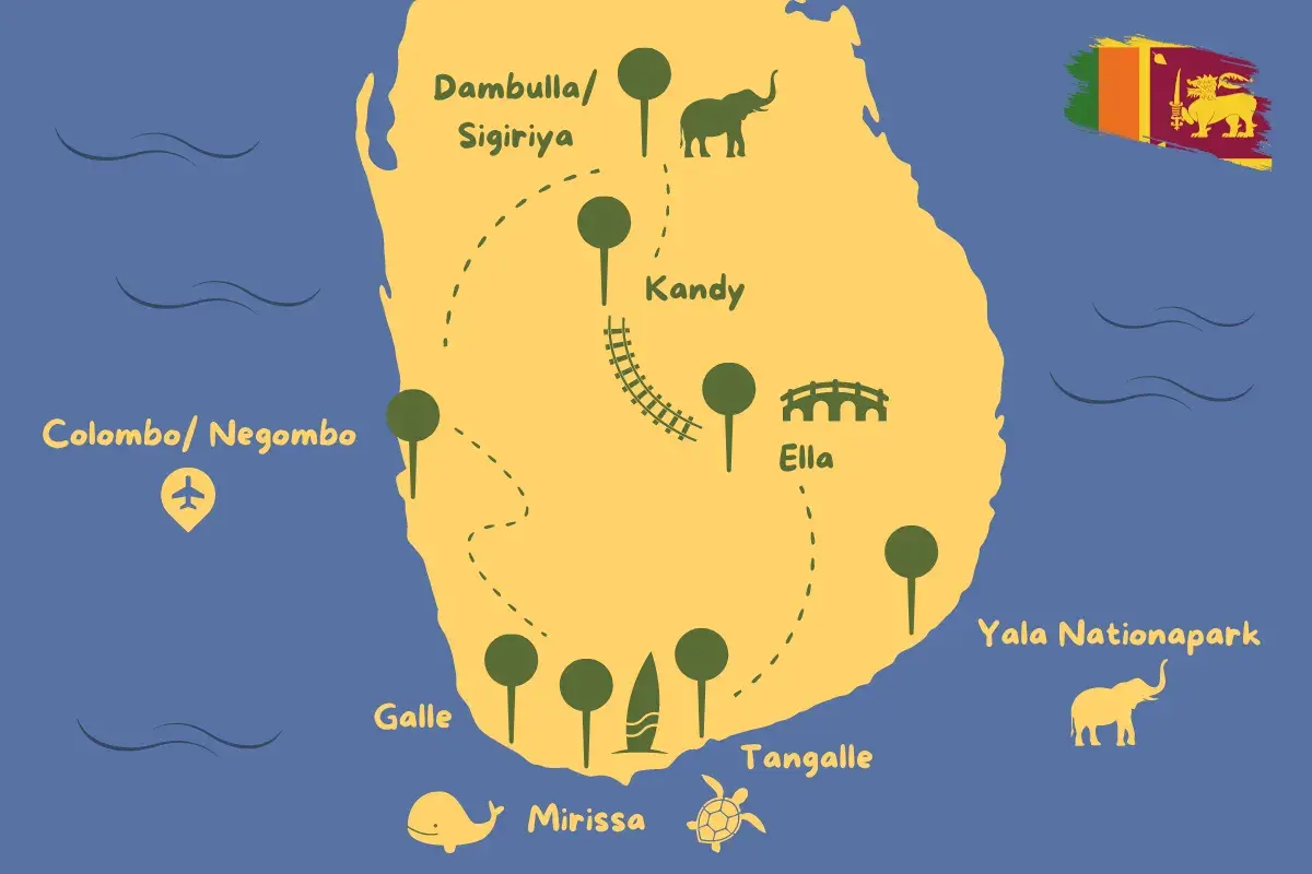 Karte von Sri Lanka mit Highlights: Colombo, Kandy, Ella, Galle, Mirissa, Tangalle, Yala Nationalpark, Dambulla/Sigiriya. Elefanten, Wale, Schildkröten und eine Brücke sind abgebildet.