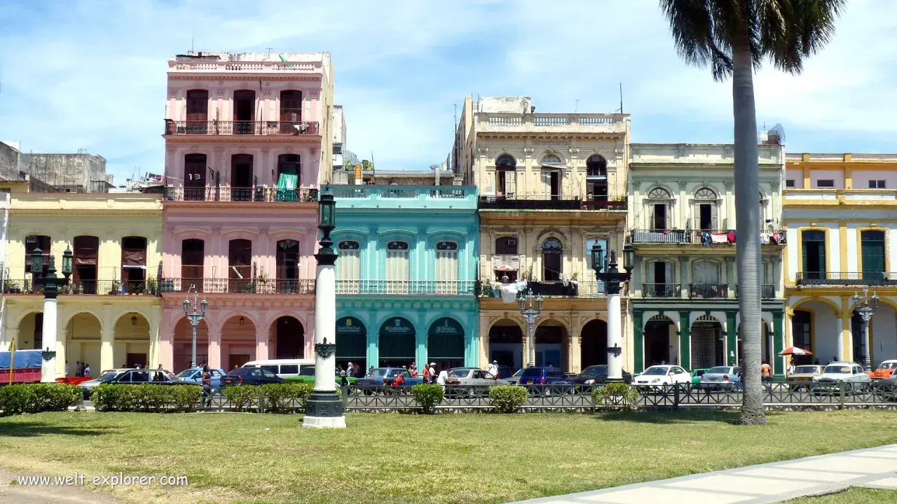 Bunte Kolonialhäuser in Havanna, Kuba, mit Palmen und Autos davor.
