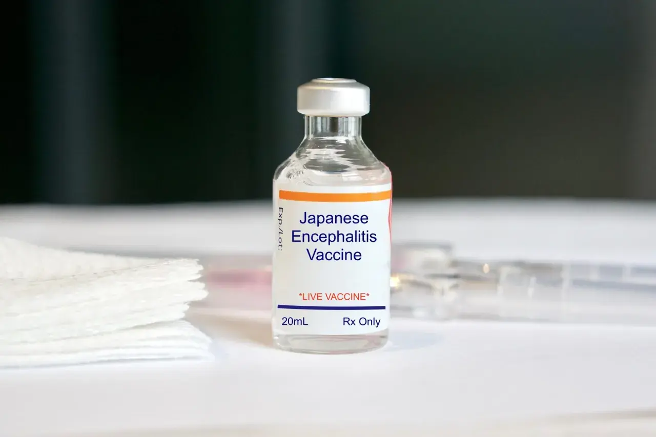 Eine Durchstechflasche mit "Japanese Encephalitis Vaccine" für Reisen nach Thailand.