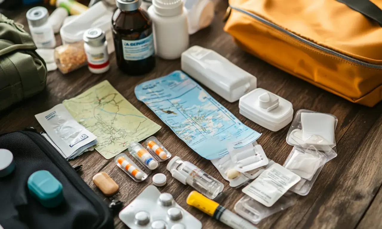 Reiseapotheke für Tansania: Medikamente, Karten und Spritzen für Impfungen.