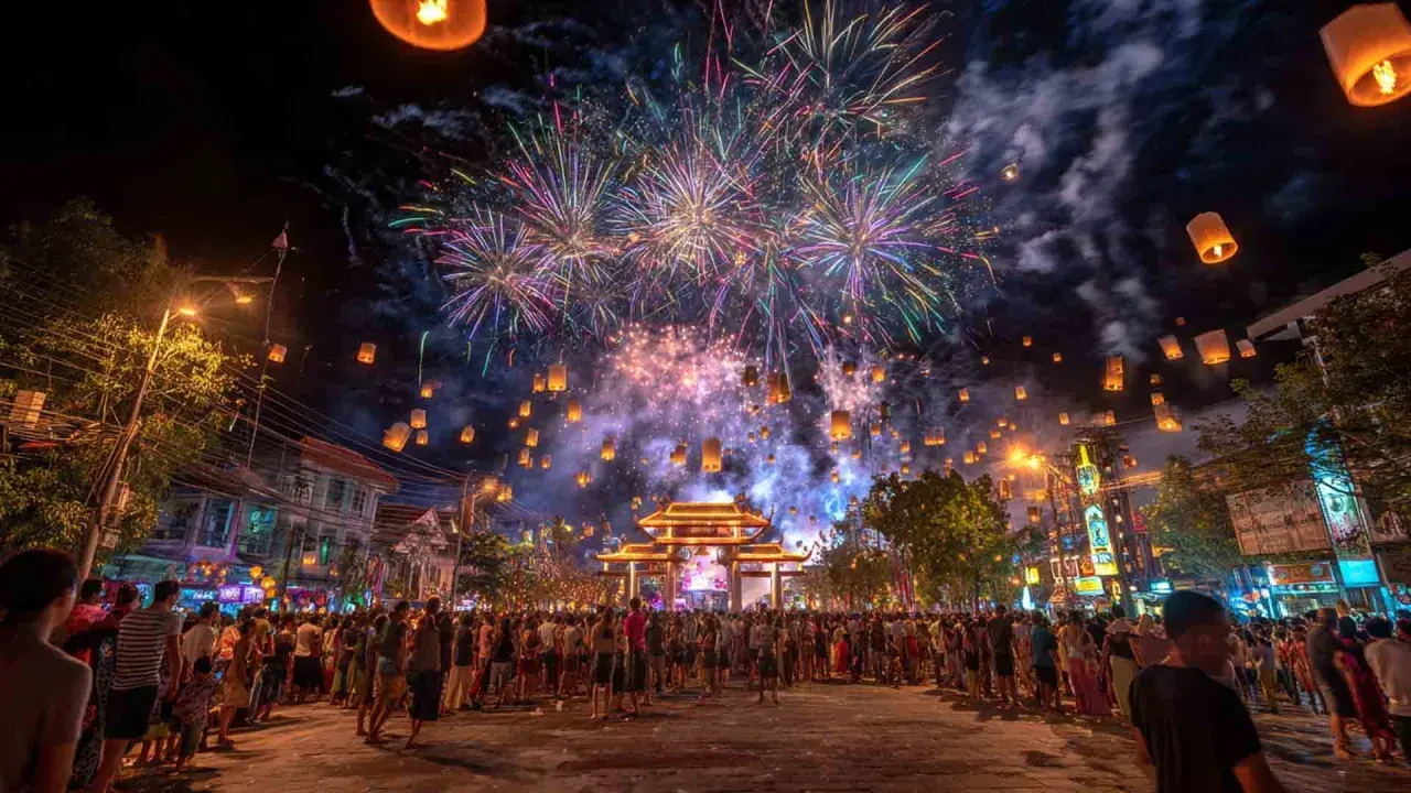 Feuerwerk und Himmelslaternen erleuchten die Nacht beim Thailand Neujahr. Eine Menschenmenge feiert unter dem farbenprächtigen Himmel.