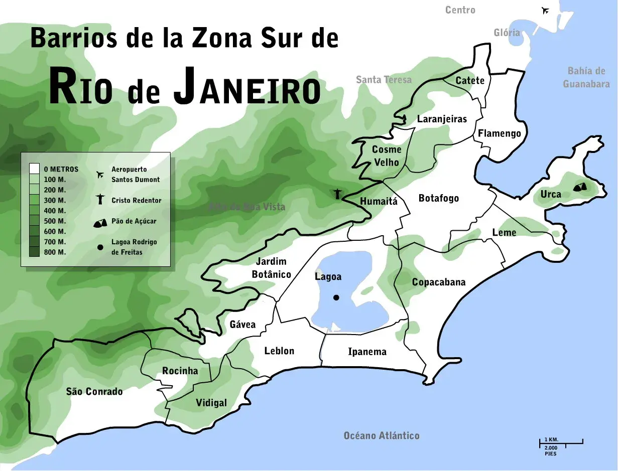 Karte der Stadtteile von Rio de Janeiro, Zona Sul. Zeigt die Topografie und die Grenzen von Vierteln wie Copacabana, Ipanema und Leblon.