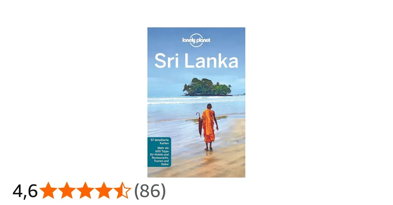 Reiseführer "Sri Lanka" von Lonely Planet. Ein Mönch geht am Strand entlang, im Hintergrund eine kleine Insel. Perfekt für Ihre Reise im April.