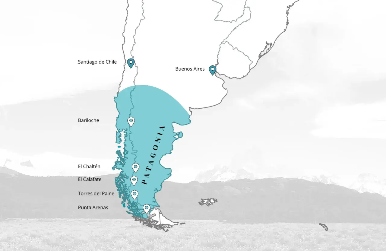 Karte zeigt, wo liegt Patagonien: südlich von Buenos Aires und Santiago de Chile, mit Orten wie Bariloche, El Chaltén, El Calafate, Torres del Paine und Punta Arenas.