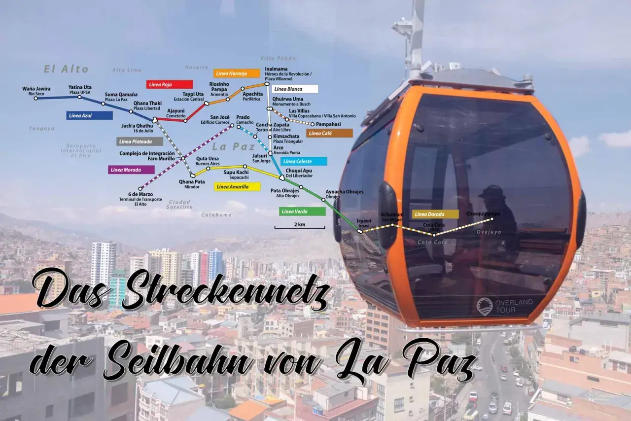 Das Streckennetz der Seilbahn von La Paz zeigt die verschiedenen Linien, die die Stadt durchziehen.