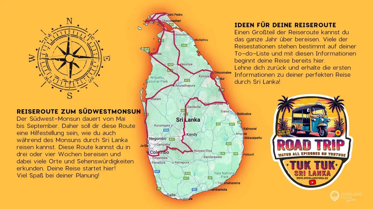 Reiseroute zum Südwestmonsun in Sri Lanka. Entdecke die Insel mit dem Tuk-Tuk auf einem Roadtrip. Perfekt für deine Sri Lanka Sightseeing-Planung!