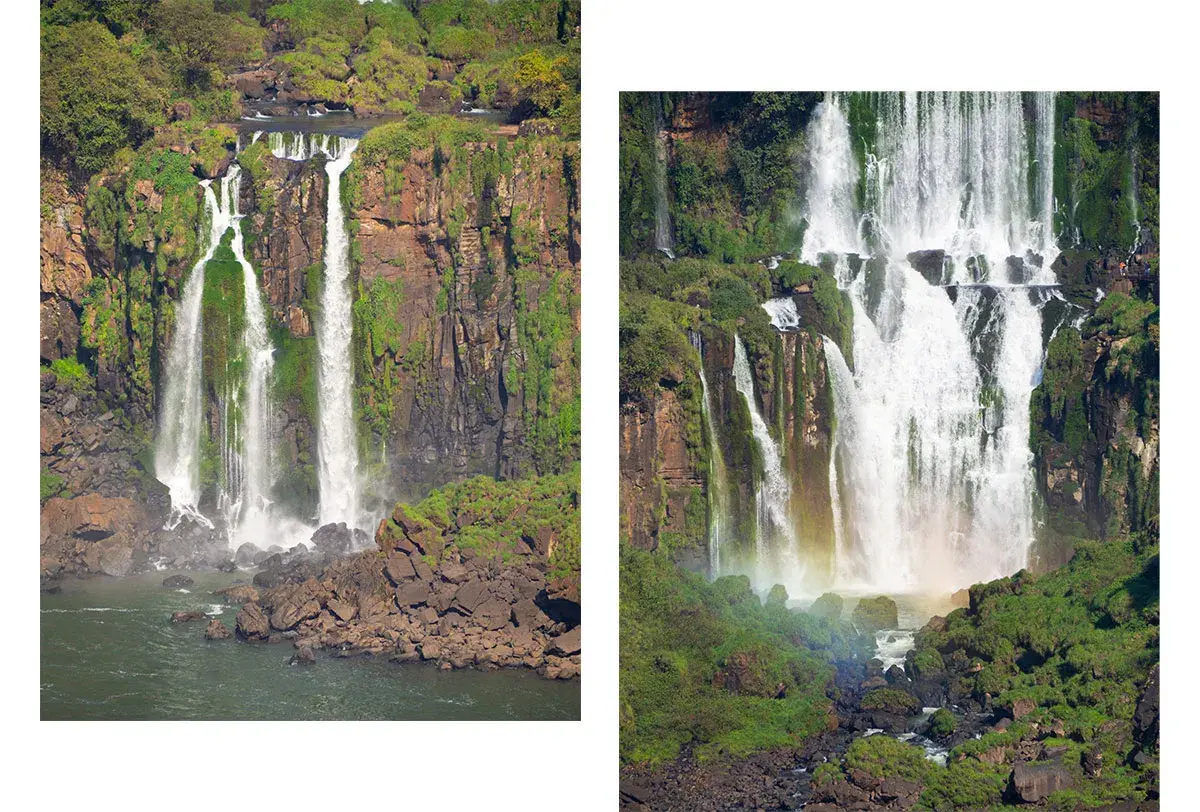 Zwei Ansichten der Iguazú-Wasserfälle bei Puerto Iguazú. Majestätische Wassermassen stürzen über Felsen und üppige Vegetation in die Tiefe.