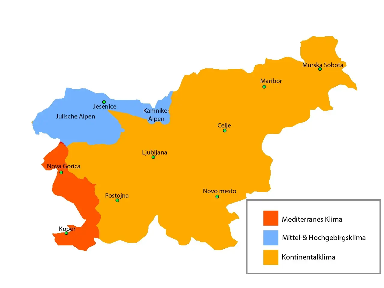 Karte Sloweniens mit Klimazonen. Die beste Reisezeit hängt vom Klima ab: Mittelmeer im Westen, Alpen im Norden, Kontinentalklima im Osten.