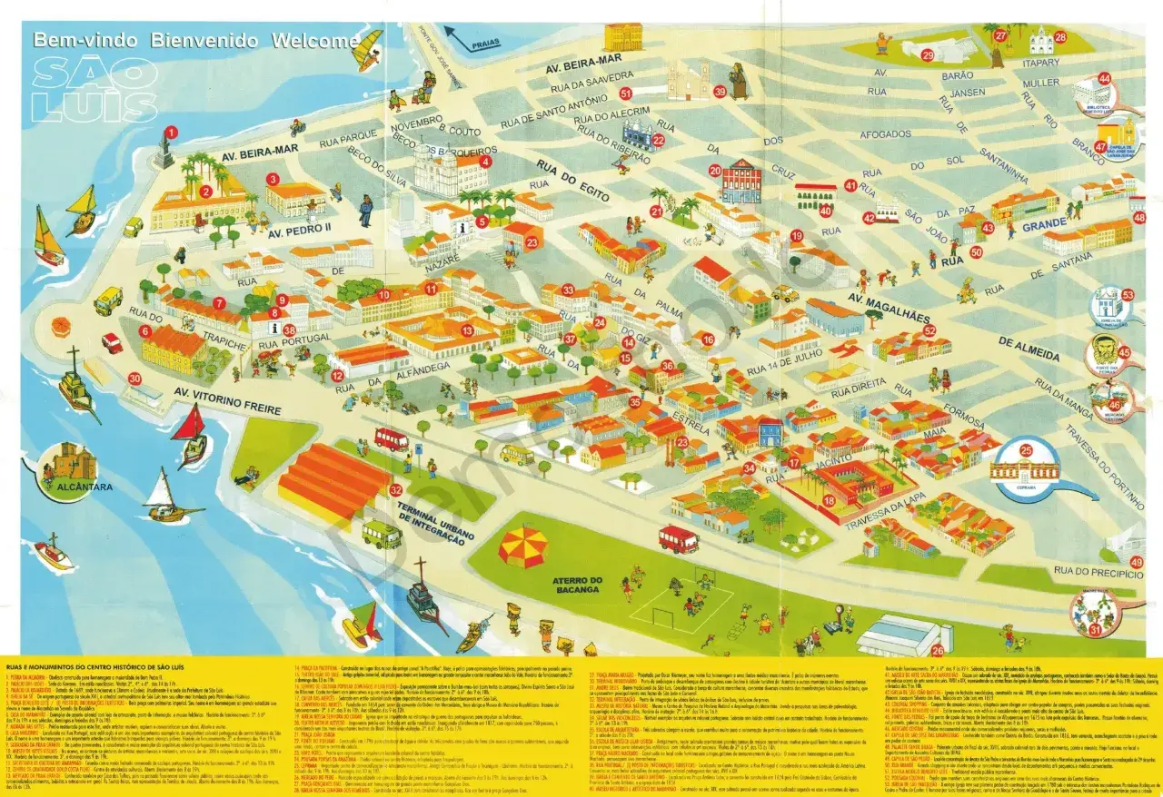 Bunte Karte von São Luís mit Sehenswürdigkeiten, Straßen und Booten auf dem Wasser.