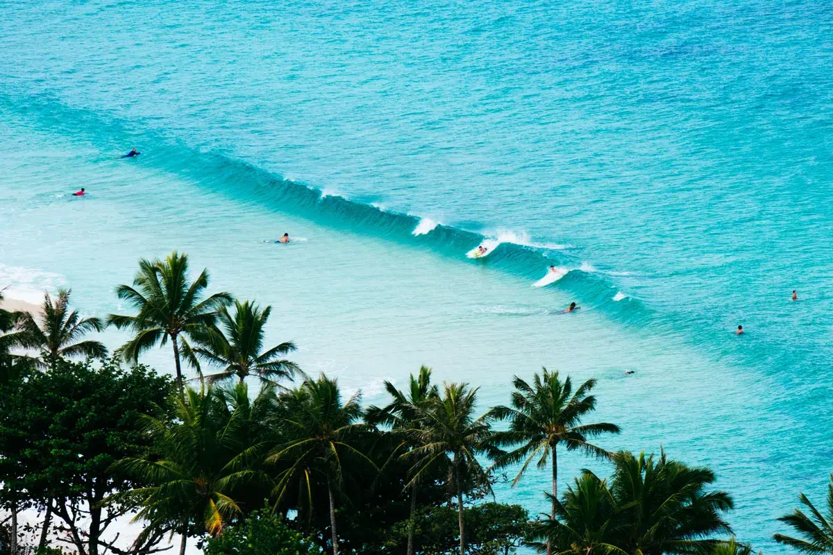 Surfer auf türkisfarbenen Wellen vor einer üppigen Palmenküste. Perfekt für die costa rica beste reisezeit zum Surfen.