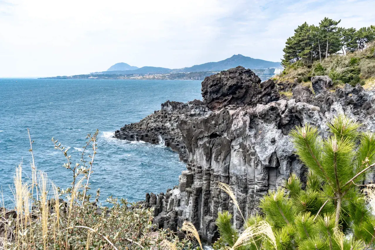 Felsformationen an der Küste der Jeju Insel, mit dem blauen Meer und grünen Bäumen.