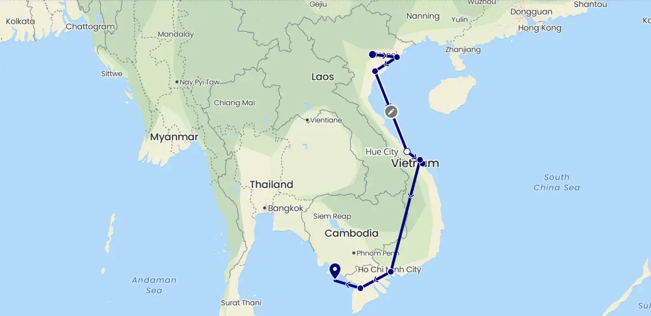 Karte von Vietnam mit markierter Route von Hanoi nach Ho-Chi-Minh-Stadt. Impfungen Vietnam sind für diese Reise wichtig.