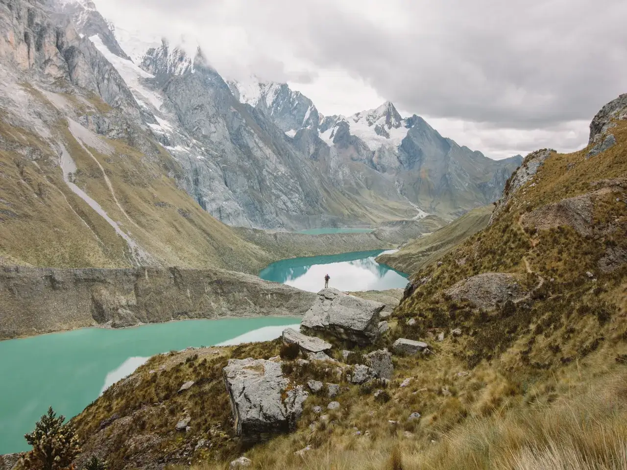 Ein Wanderer steht auf einem Felsen und blickt auf türkisfarbene Seen inmitten majestätischer Peru Berge.