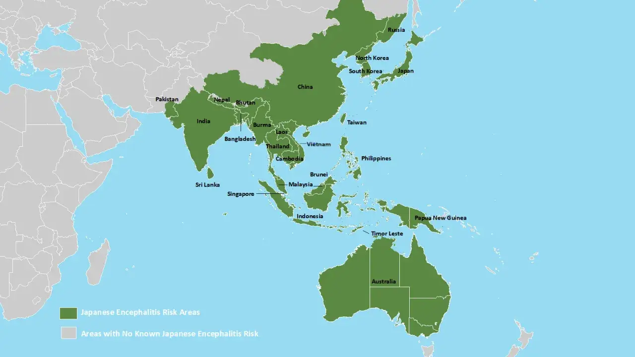 Karte zeigt Risikogebiete für japanische Enzephalitis in Asien, einschließlich Thailand.