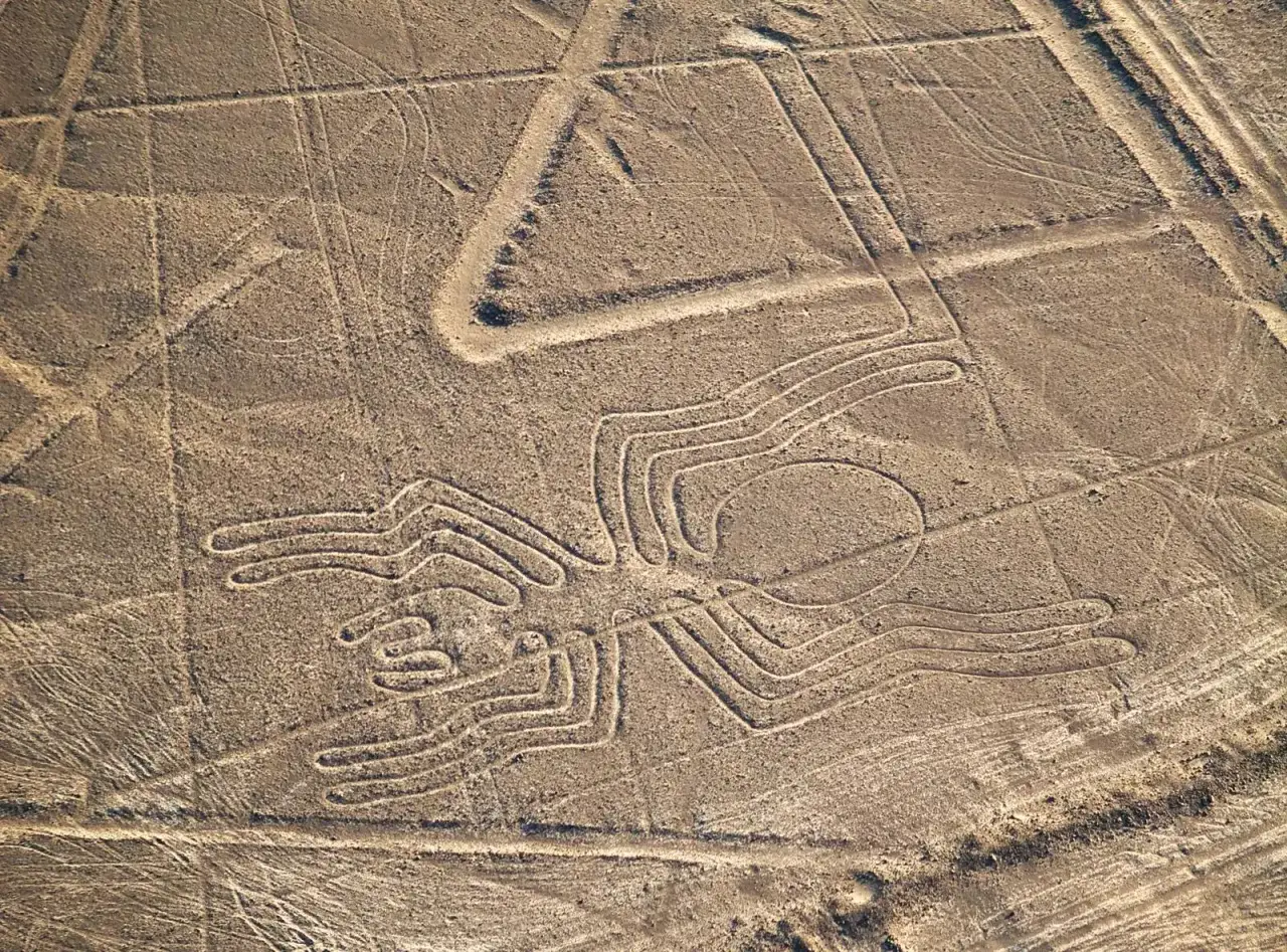 Die Nazca-Linien zeigen eine riesige Spinnenfigur, die in der Wüste Perus eingraviert ist. Ein faszinierendes Rätsel der Antike.