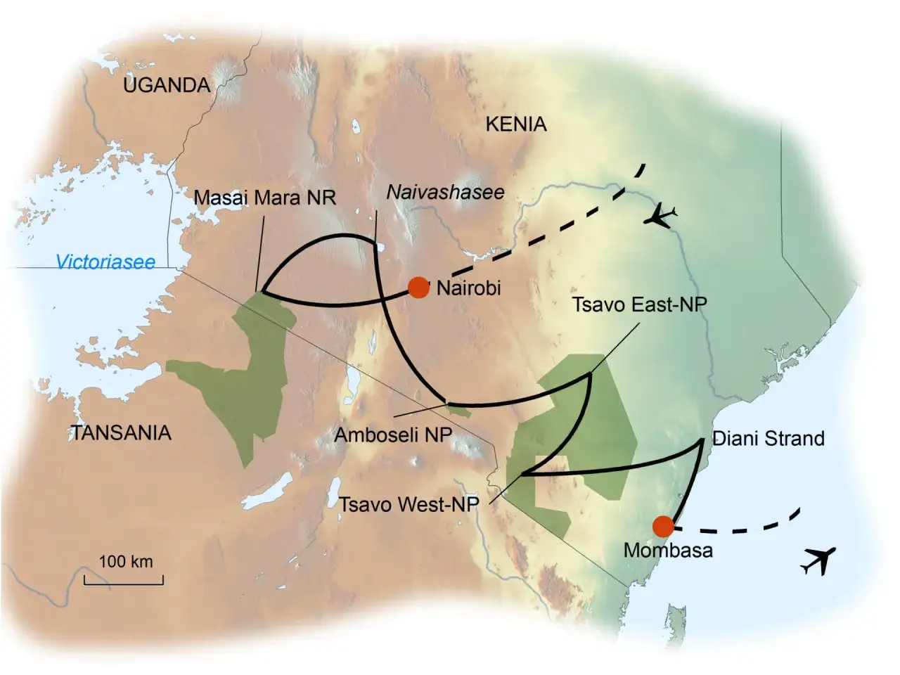 Karte von Kenia mit Nationalparks wie Masai Mara, Amboseli, Tsavo. Zeigt Routen von Nairobi und Mombasa. Ist Kenia sicher? Ja, f&uuml;r Safaris.