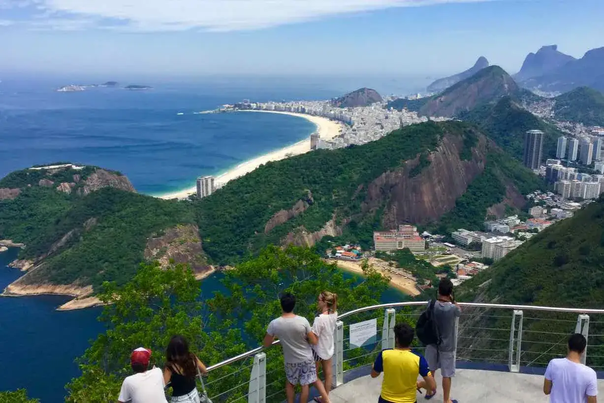 Blick vom Zuckerhut Rio de Janeiro auf die Copacabana und die Stadt. Touristen genießen die Aussicht.