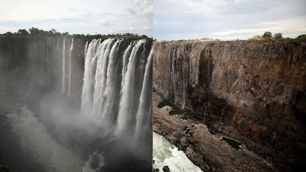 Victoria Falls: links zeigt volle Wassermassen, rechts die Felsen. Beste Reisezeit für dieses Naturschauspiel ist die Regenzeit.