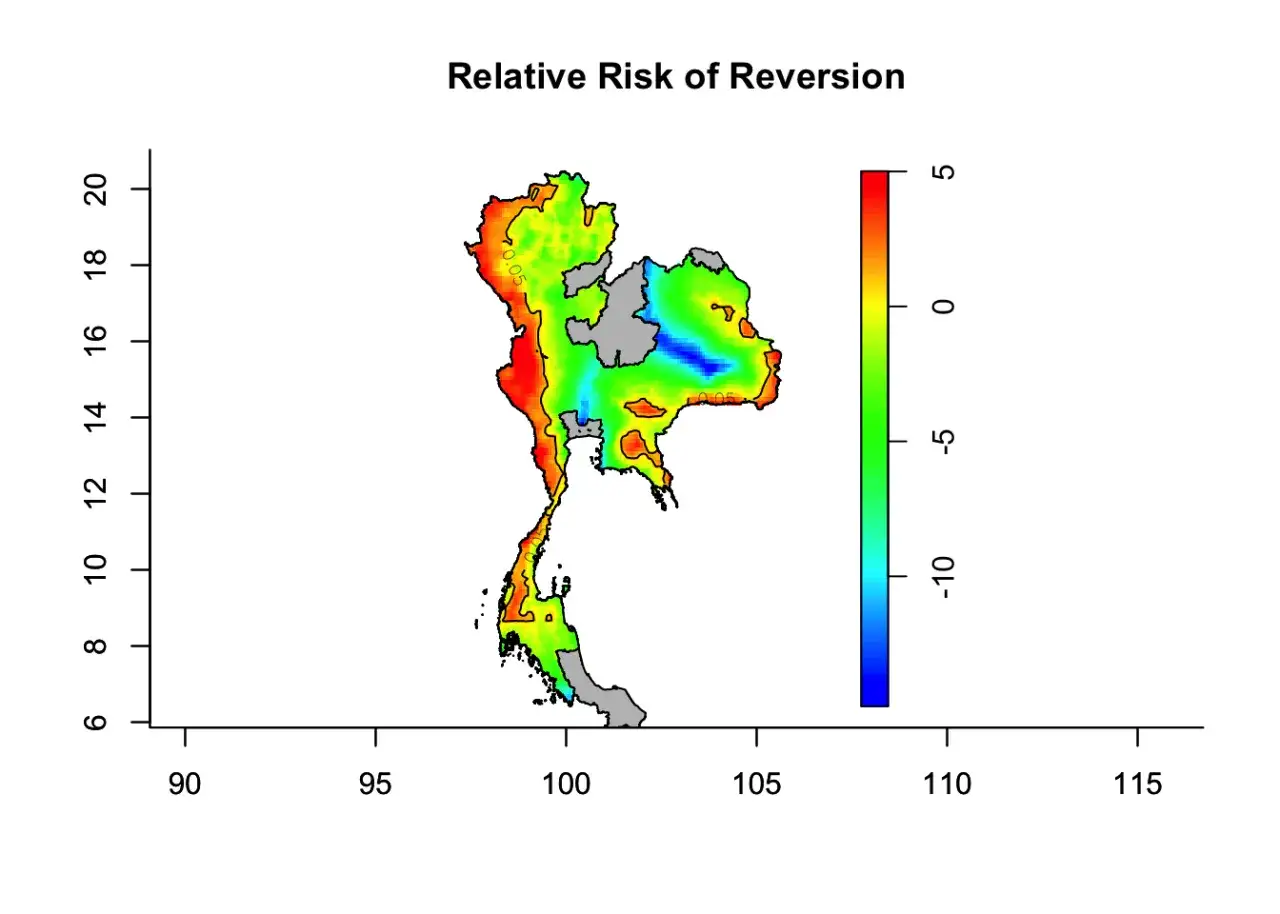 Farbkarte zeigt relative Risiken in Thailand. Rote Bereiche deuten auf ein h&ouml;heres Risiko f&uuml;r Malaria hin, blaue auf ein geringeres.