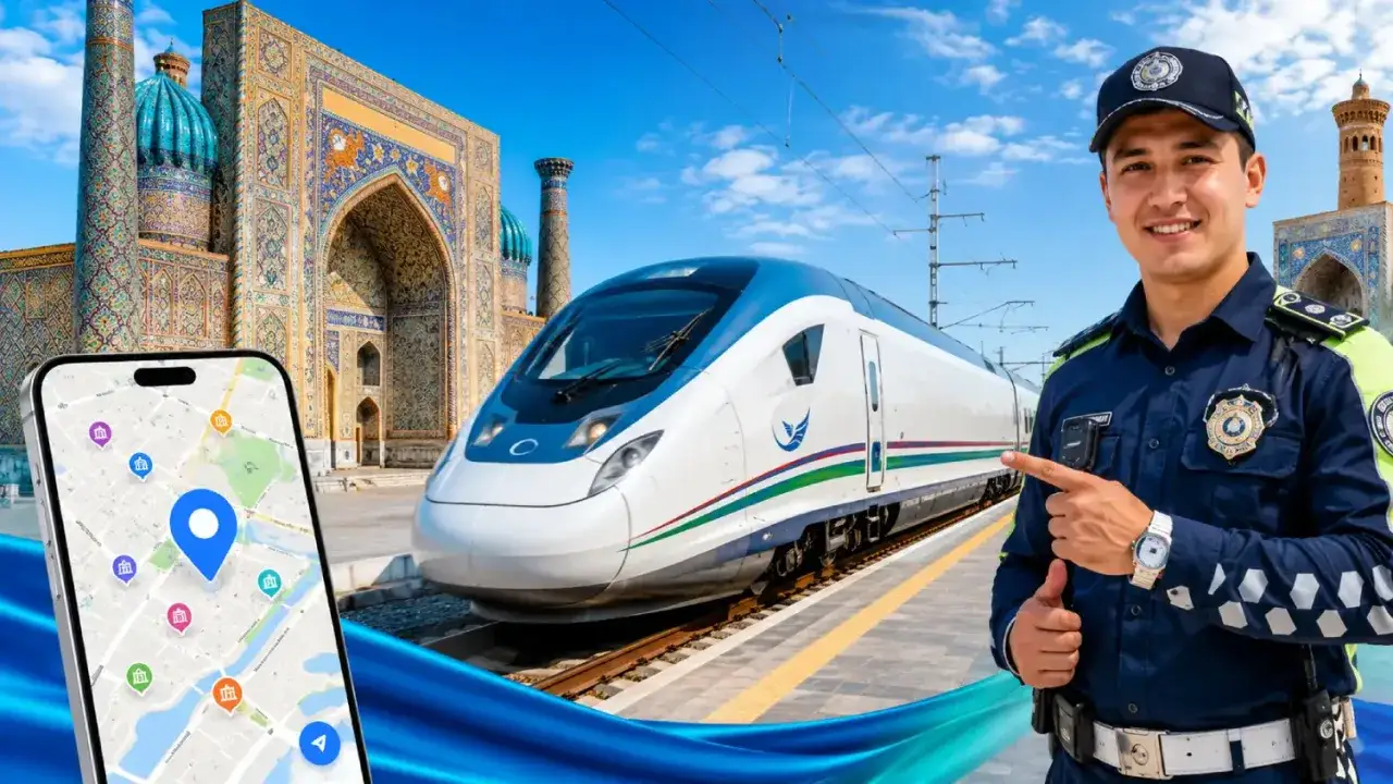 Ein Polizist in Usbekistan zeigt auf einen Schnellzug vor einer Moschee. Eine Handykarte zeigt Sehenswürdigkeiten. Informiere dich über die Usbekistan Reisewarnung.
