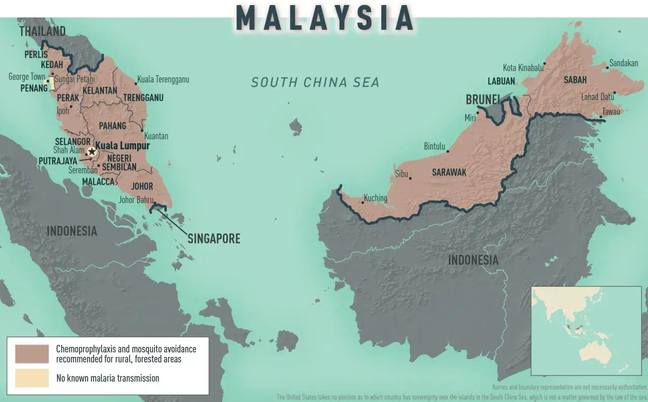 Karte von Malaysia mit Gebieten, für die Malaysia Impfungen gegen Malaria empfohlen werden.