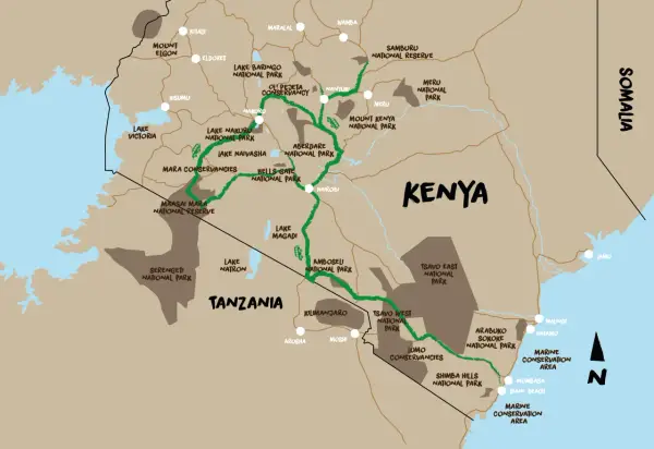Karte von Kenia mit Nationalparks und Reiserouten. Wichtige Orte wie Nairobi und der Maasai Mara Nationalpark sind markiert. Denken Sie an Malaria-Prophylaxe für Kenia.